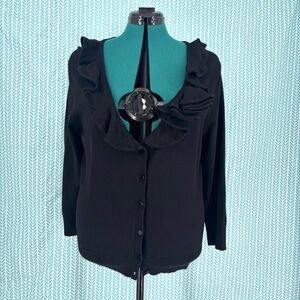 Tabi Black Ruffle Collar 3/4 Sleeve Deep V-Neck Cardigan, XL